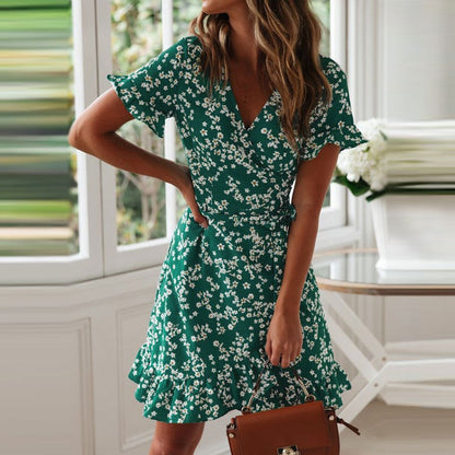 Bohemian Summer Boho Floral Print Casual Beach V-Neck Wrap Bodycon Mini Dress Ruffles Sundress The Clothing Company Sydney
