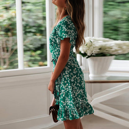 Bohemian Summer Boho Floral Print Casual Beach V-Neck Wrap Bodycon Mini Dress Ruffles Sundress The Clothing Company Sydney
