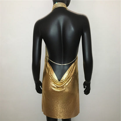 Deep v neck halter split sequined dress women solid backless rhinestone chain party metal dress The Clothing Company Sydney