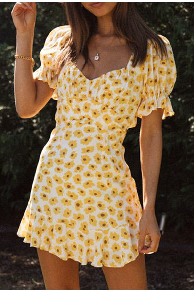 Elegant flounce ruffles floral bubble sleeve backless lace up summer High waist mini dress The Clothing Company Sydney