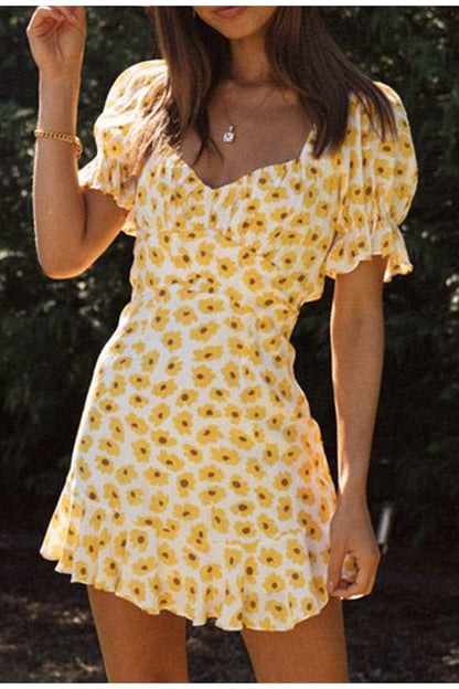 Elegant flounce ruffles floral bubble sleeve backless lace up summer High waist mini dress The Clothing Company Sydney