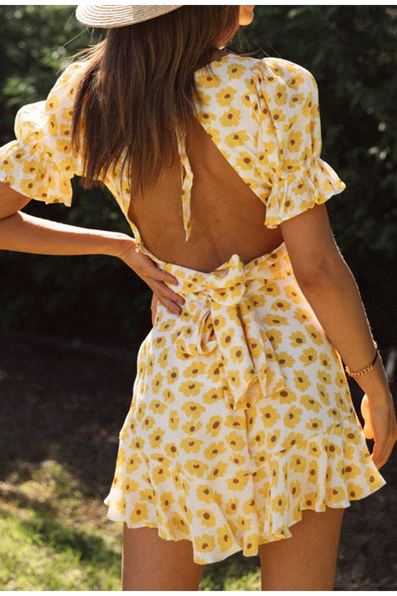 Elegant flounce ruffles floral bubble sleeve backless lace up summer High waist mini dress The Clothing Company Sydney