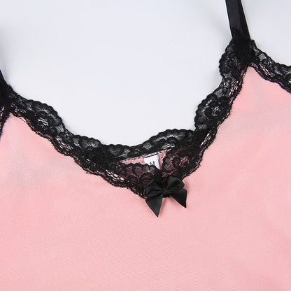 Aesthetic Lace Patchwork Pink Strap Bow Bodycon Summer Mini Side Split Sundress Dress The Clothing Company Sydney