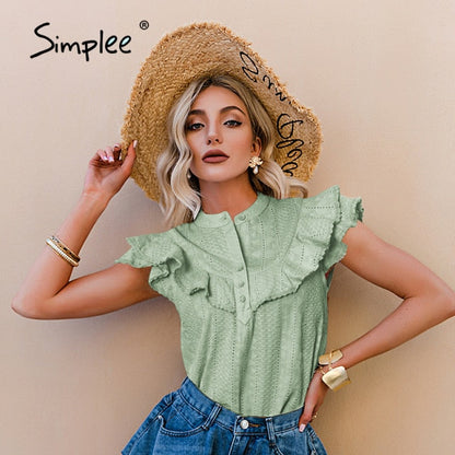 Elegant ruffled lace women blouse spring Embroidery button band collar shirt summer top The Clothing Company Sydney
