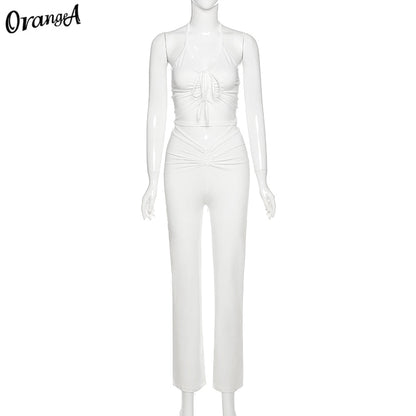 2 Piece Halter bandage v-neck sleeveless ruched tops sweatpants matching clubwear stretchy skinny bodycon Set The Clothing Company Sydney