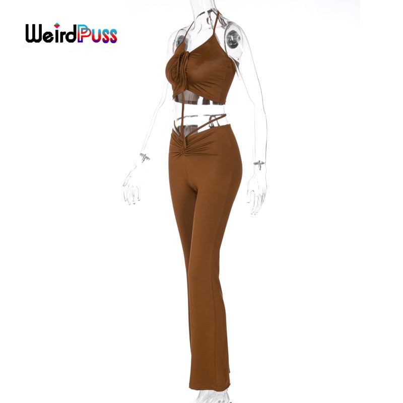 2 Piece Halter bandage v-neck sleeveless ruched tops sweatpants matching clubwear stretchy skinny bodycon Set The Clothing Company Sydney