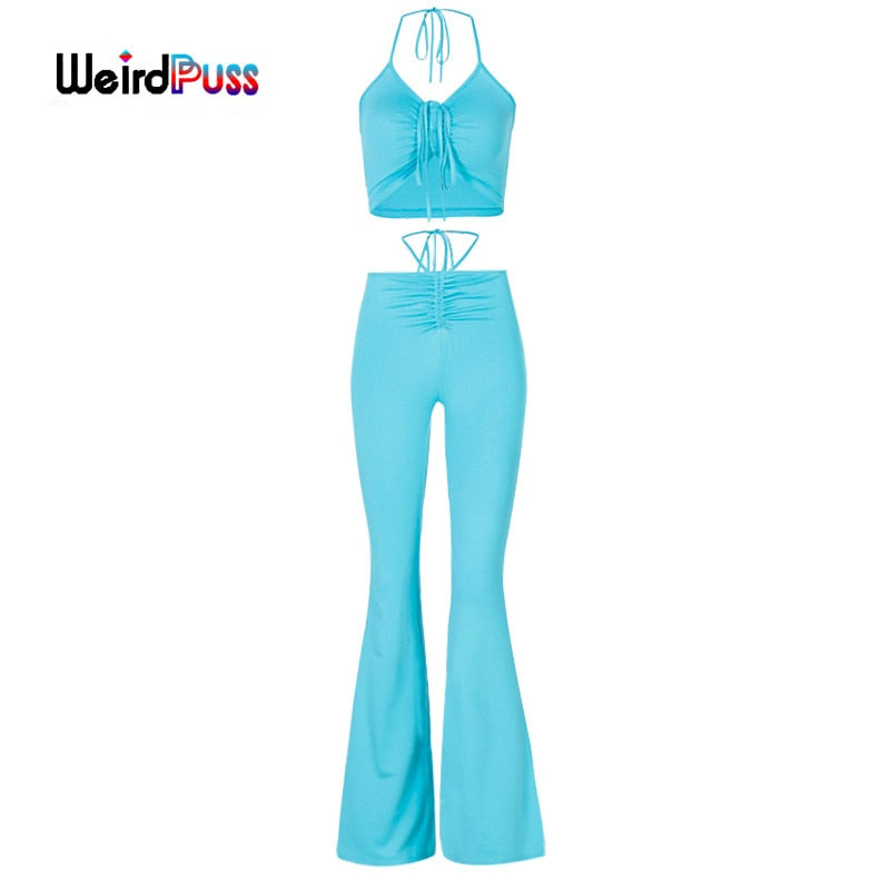 2 Piece Halter bandage v-neck sleeveless ruched tops sweatpants matching clubwear stretchy skinny bodycon Set The Clothing Company Sydney
