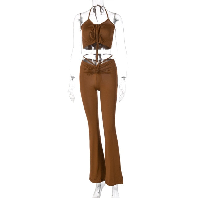 2 Piece Halter bandage v-neck sleeveless ruched tops sweatpants matching clubwear stretchy skinny bodycon Set The Clothing Company Sydney