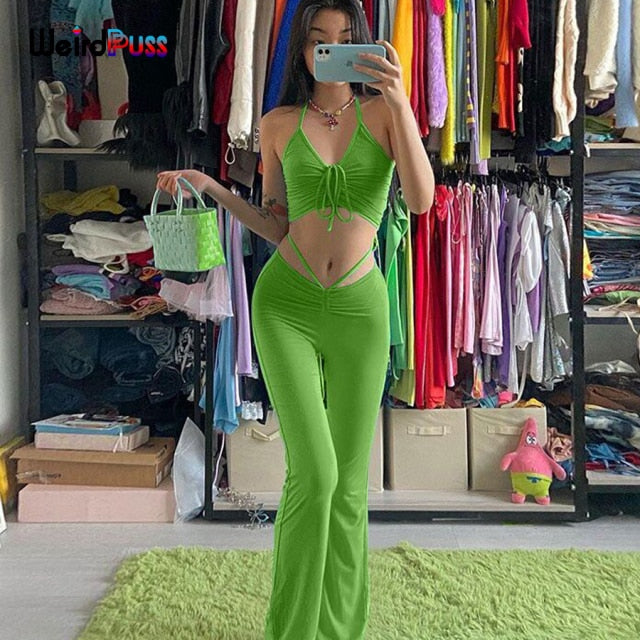 2 Piece Halter bandage v-neck sleeveless ruched tops sweatpants matching clubwear stretchy skinny bodycon Set The Clothing Company Sydney