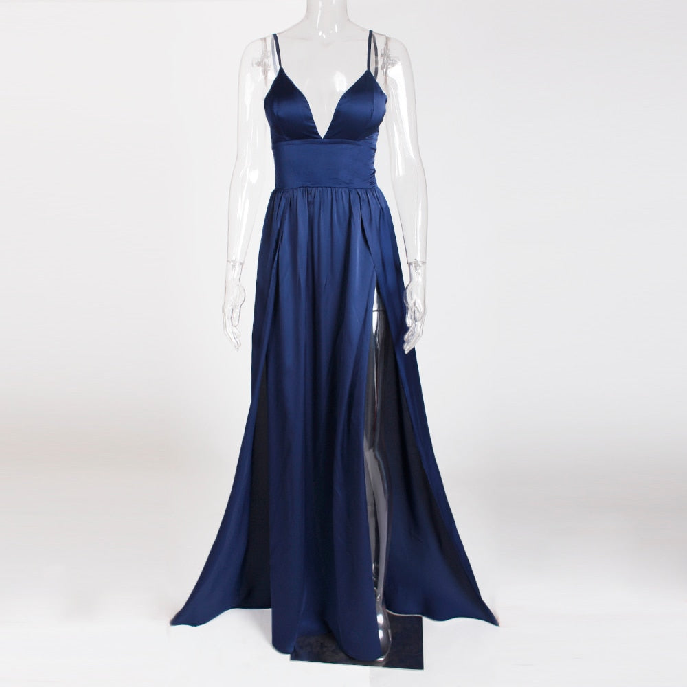 Sexy High Split Long Party V Neck Strappy Padded Red Navy Green Satin Summer Backless Hollow Out Dress The Clothing Company Sydney