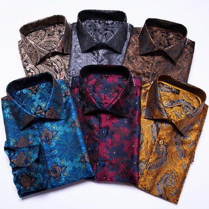 Blue Men's Shirts Paisley Floral Silk Gold Long Sleeve Casual Shirt Business Party Wedding Dress Shirt The Clothing Company Sydney