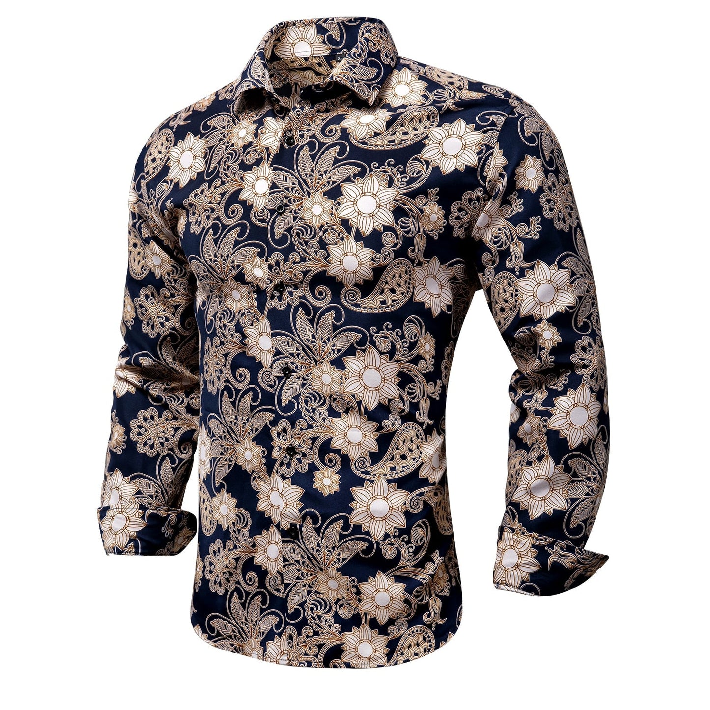 Blue Men's Shirts Paisley Floral Silk Gold Long Sleeve Casual Shirt Business Party Wedding Dress Shirt The Clothing Company Sydney