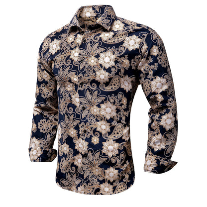 Blue Men's Shirts Paisley Floral Silk Gold Long Sleeve Casual Shirt Business Party Wedding Dress Shirt The Clothing Company Sydney
