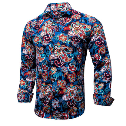 Blue Men's Shirts Paisley Floral Silk Gold Long Sleeve Casual Shirt Business Party Wedding Dress Shirt The Clothing Company Sydney