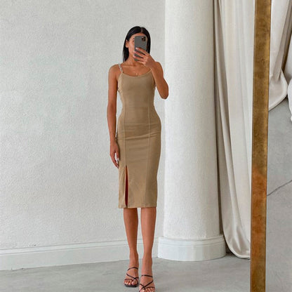 Elegant Chain Strapless Sleeveless Solid Basic Split Knee-Length Bodycon Summer Dress The Clothing Company Sydney