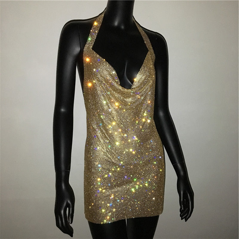 Deep V Neck Crystal Luxury Rhinestone Halter Club Party Backless Split Mini Dresses The Clothing Company Sydney
