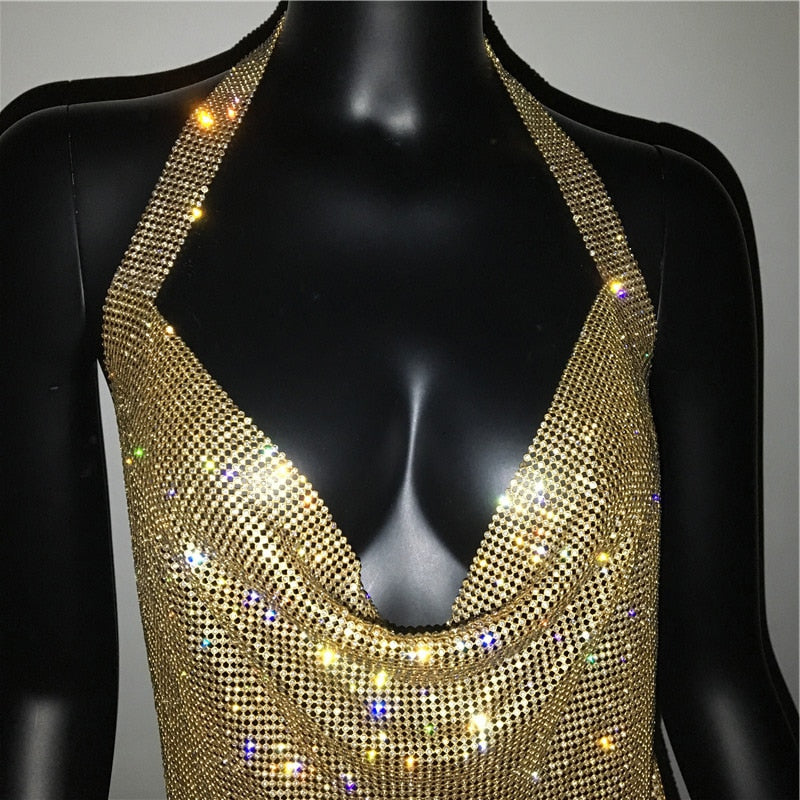 Deep V Neck Crystal Luxury Rhinestone Halter Club Party Backless Split Mini Dresses The Clothing Company Sydney
