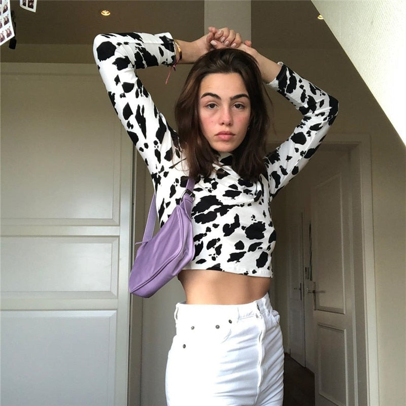 Cow Print Pattern Print Crop Top Long Sleeve Slim Fit Holiday Fashion Casual Short T Shirt Streetwear The Clothing Company Sydney