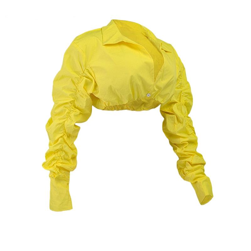 Button Ruched White Puff Sleeve Blouse Shirts Women's Long Sleeve Crop Blouses Solid Top The Clothing Company Sydney