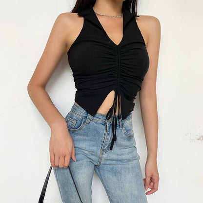 Deep V-Neck Sleeveless Tank Top Women Summer Crop Tops Ruched Drawstring Black Fashion Skinny Elastic Streetwear The Clothing Company Sydney