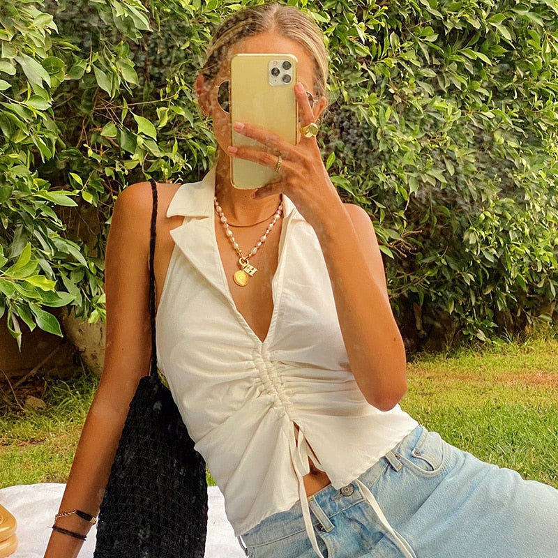 Deep V-Neck Sleeveless Tank Top Women Summer Crop Tops Ruched Drawstring Black Fashion Skinny Elastic Streetwear The Clothing Company Sydney