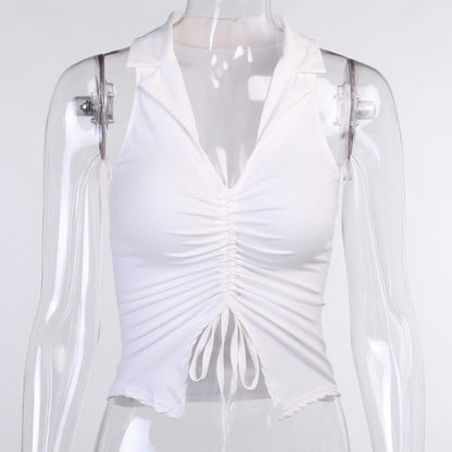 Deep V-Neck Sleeveless Tank Top Women Summer Crop Tops Ruched Drawstring Black Fashion Skinny Elastic Streetwear The Clothing Company Sydney