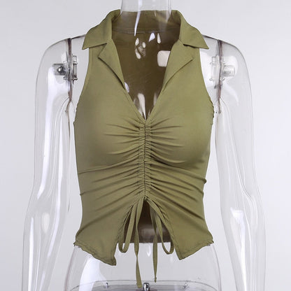 Deep V-Neck Sleeveless Tank Top Women Summer Crop Tops Ruched Drawstring Black Fashion Skinny Elastic Streetwear The Clothing Company Sydney