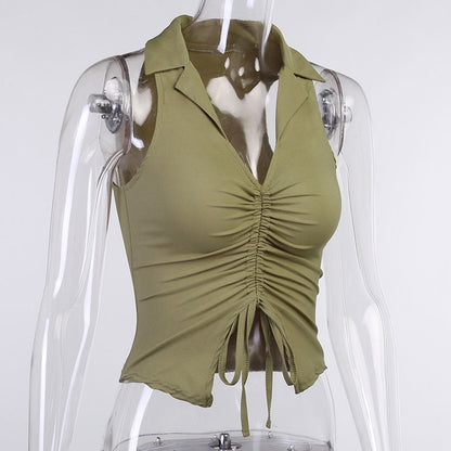 Deep V-Neck Sleeveless Tank Top Women Summer Crop Tops Ruched Drawstring Black Fashion Skinny Elastic Streetwear The Clothing Company Sydney