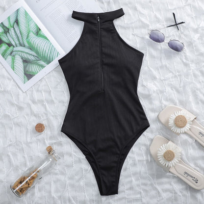 High neck Zipper Swimwear One Piece Swimsuit monokini High cut Trikini Ribbed Bathing Suit Swim Bodysuit The Clothing Company Sydney