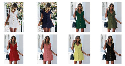 Spring/Summer Pure Color Single Row Buttons V-Neck Slim High Waist Casual Dress The Clothing Company Sydney