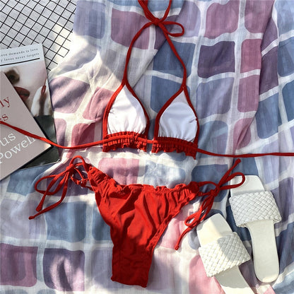 2 Piece Pink Ruffled Frilled Bikini swimsuit swimwear Two piece bikini set Halter Bather String bathing suit The Clothing Company Sydney