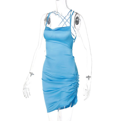 Satin Strap Mini Ruched Lace Up Cross Bandage Backless Bodycon Party Elegant Club Beach Slim Dress The Clothing Company Sydney