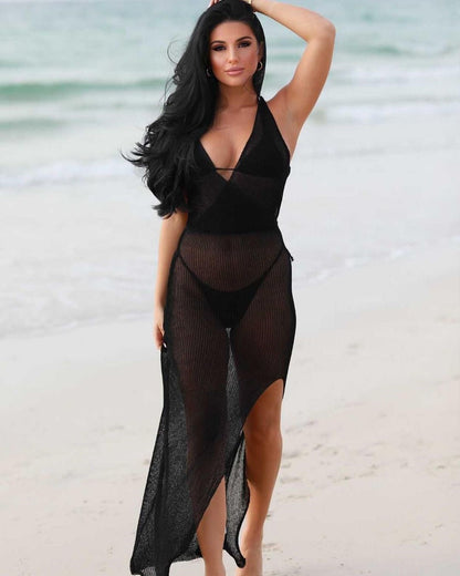 Crochet Beach Maxi See Through Plunge Backless Bandage Sleeveless Lacing Split Long Dresses The Clothing Company Sydney