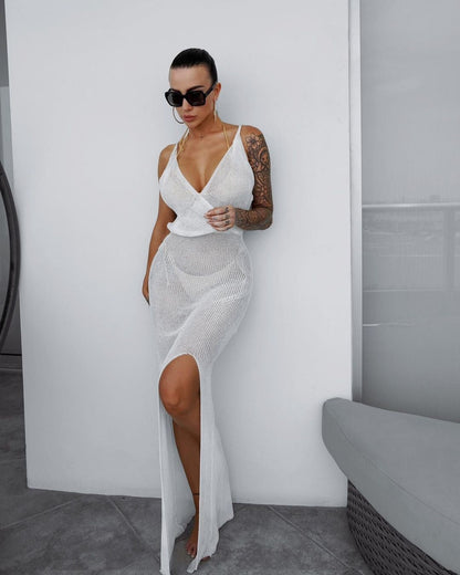Crochet Beach Maxi See Through Plunge Backless Bandage Sleeveless Lacing Split Long Dresses The Clothing Company Sydney