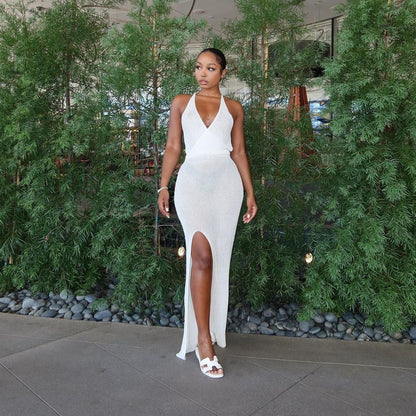 Crochet Beach Maxi See Through Plunge Backless Bandage Sleeveless Lacing Split Long Dresses The Clothing Company Sydney