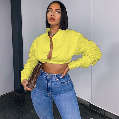 Button Ruched White Puff Sleeve Blouse Shirts Women's Long Sleeve Crop Blouses Solid Top The Clothing Company Sydney