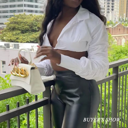 Button Ruched White Puff Sleeve Blouse Shirts Women's Long Sleeve Crop Blouses Solid Top The Clothing Company Sydney