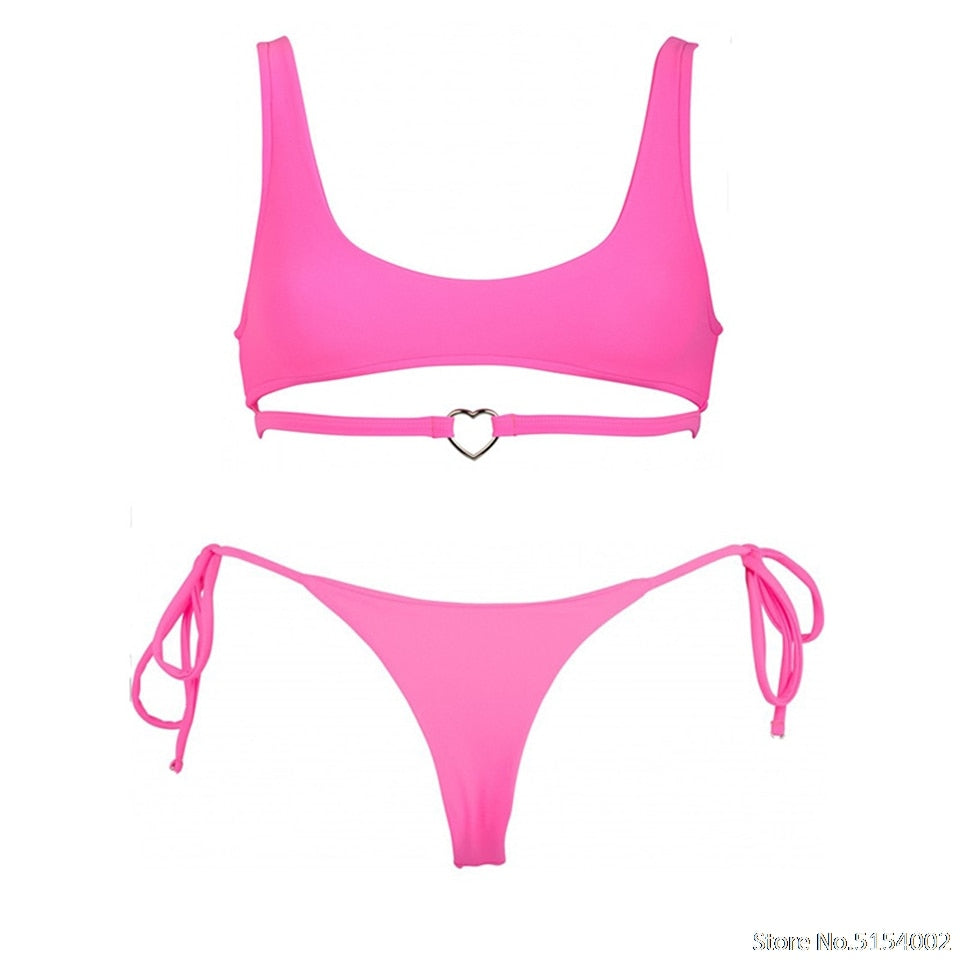 2 Piece Heart Ring Neon Pink Push Up High Waist G String Swimsuit Strap Bandage Swimwear Bathing Suit Halter Top Bikini Set The Clothing Company Sydney