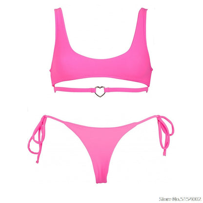 2 Piece Heart Ring Neon Pink Push Up High Waist G String Swimsuit Strap Bandage Swimwear Bathing Suit Halter Top Bikini Set The Clothing Company Sydney