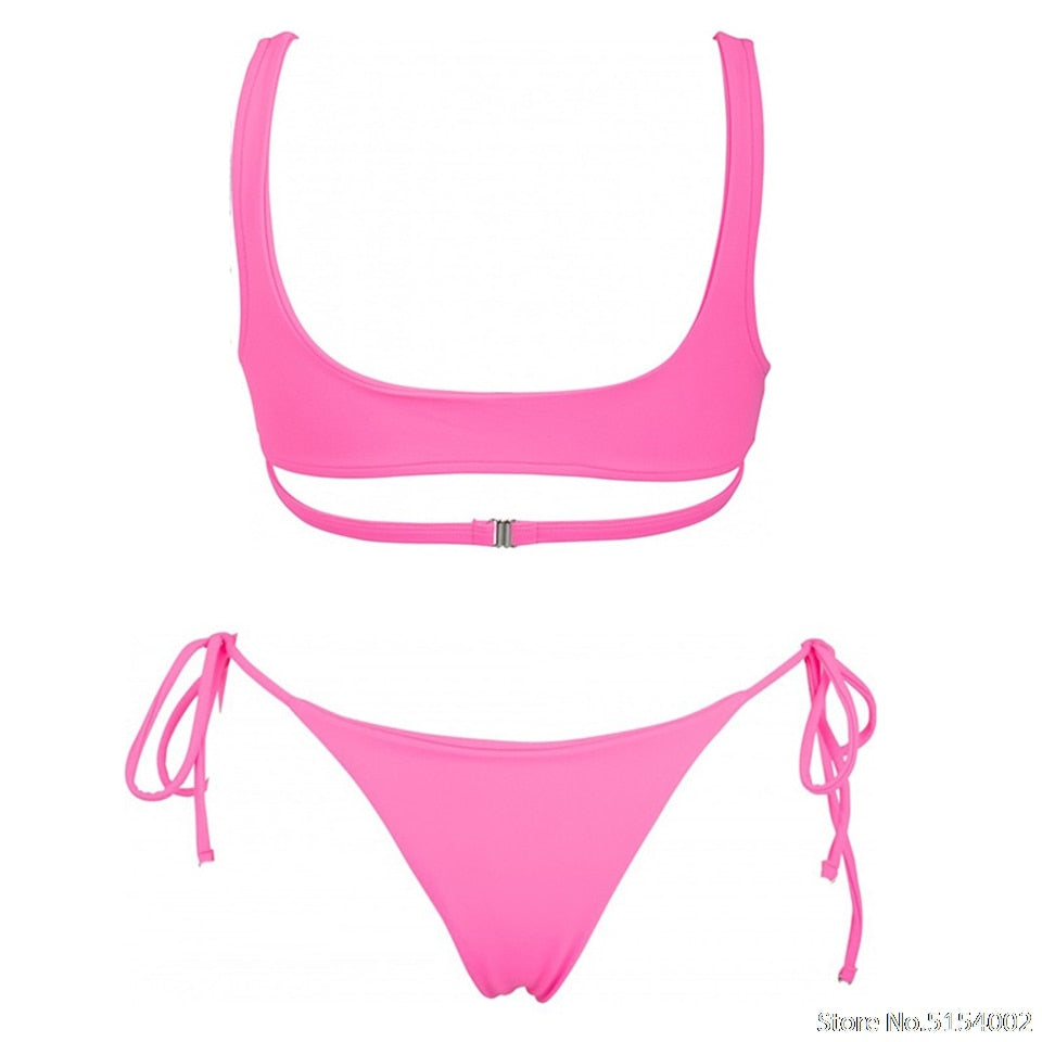 2 Piece Heart Ring Neon Pink Push Up High Waist G String Swimsuit Strap Bandage Swimwear Bathing Suit Halter Top Bikini Set The Clothing Company Sydney