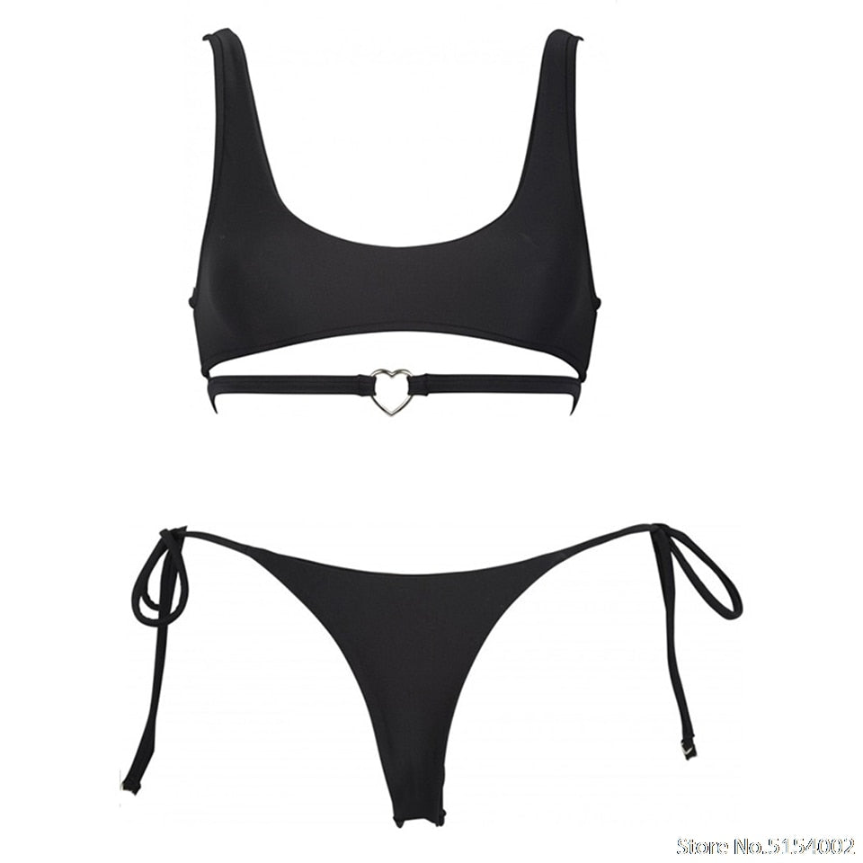 2 Piece Heart Ring Neon Pink Push Up High Waist G String Swimsuit Strap Bandage Swimwear Bathing Suit Halter Top Bikini Set The Clothing Company Sydney