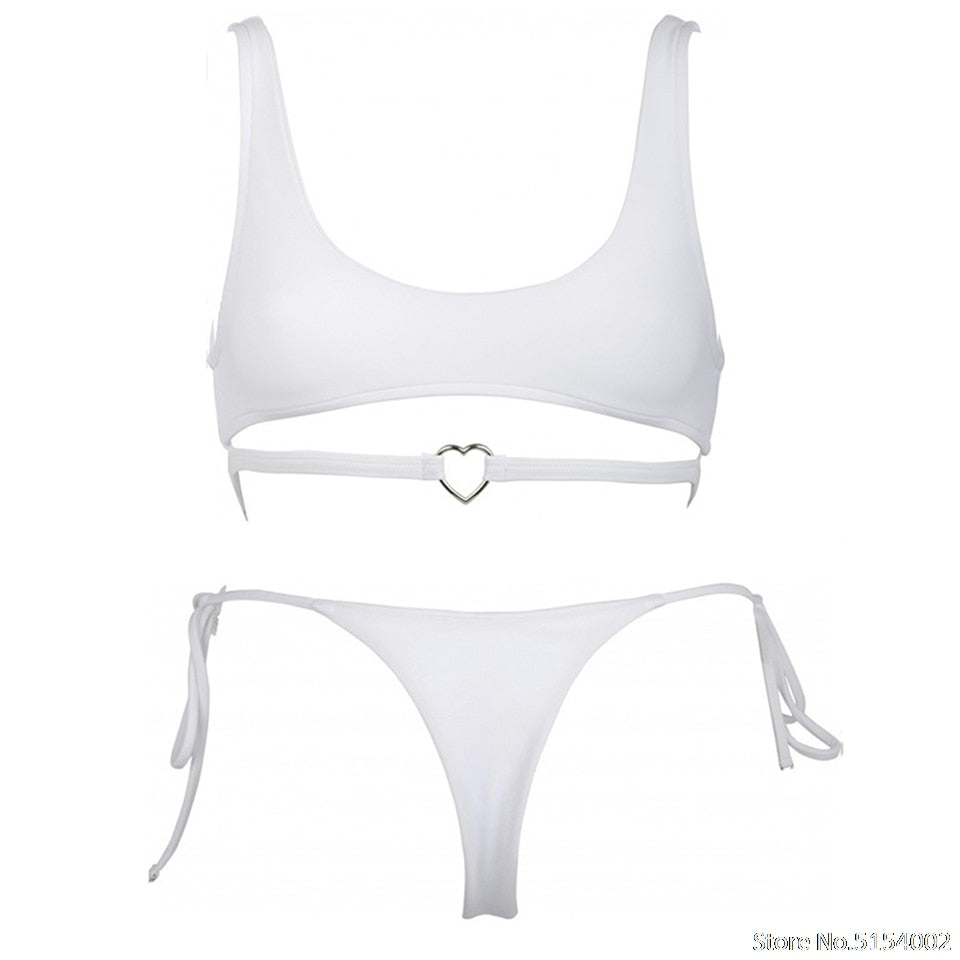 2 Piece Heart Ring Neon Pink Push Up High Waist G String Swimsuit Strap Bandage Swimwear Bathing Suit Halter Top Bikini Set The Clothing Company Sydney