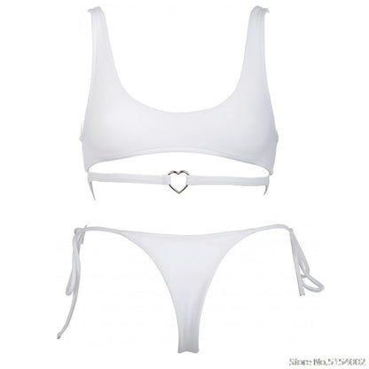 2 Piece Heart Ring Neon Pink Push Up High Waist G String Swimsuit Strap Bandage Swimwear Bathing Suit Halter Top Bikini Set The Clothing Company Sydney
