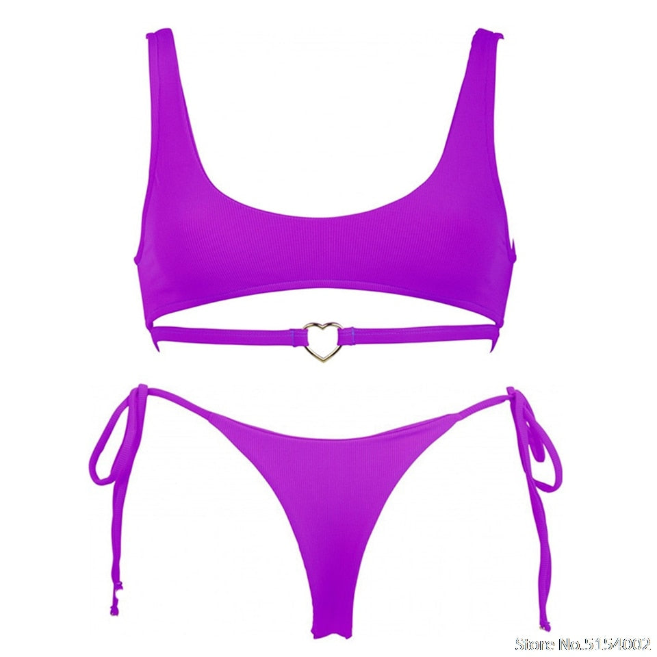 2 Piece Heart Ring Neon Pink Push Up High Waist G String Swimsuit Strap Bandage Swimwear Bathing Suit Halter Top Bikini Set The Clothing Company Sydney