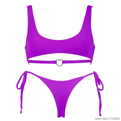 2 Piece Heart Ring Neon Pink Push Up High Waist G String Swimsuit Strap Bandage Swimwear Bathing Suit Halter Top Bikini Set The Clothing Company Sydney