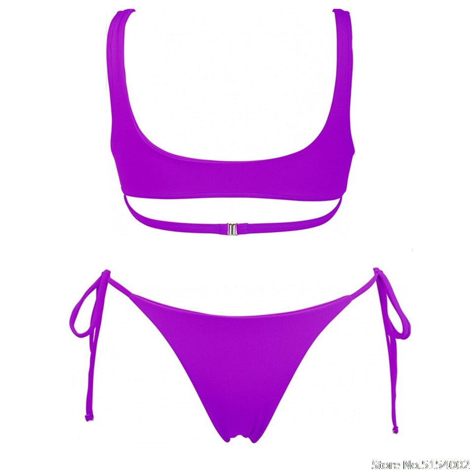 2 Piece Heart Ring Neon Pink Push Up High Waist G String Swimsuit Strap Bandage Swimwear Bathing Suit Halter Top Bikini Set The Clothing Company Sydney