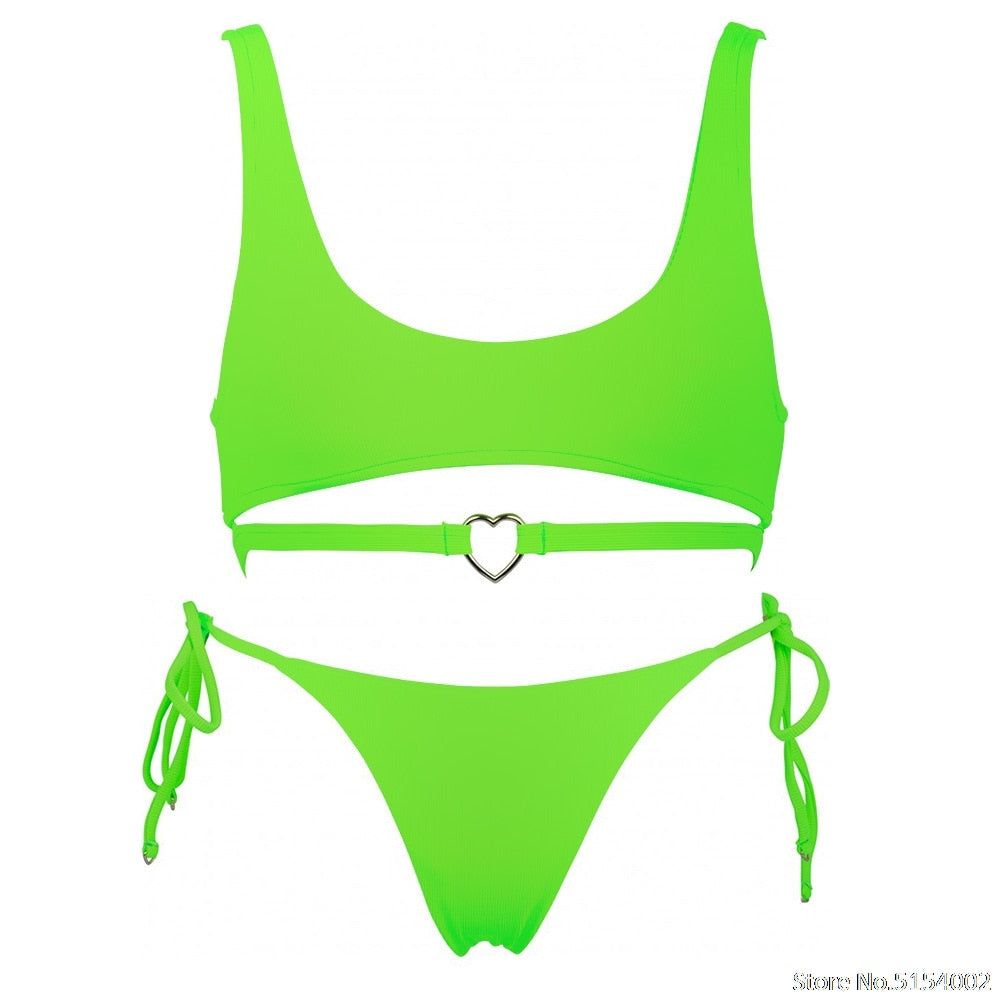 2 Piece Heart Ring Neon Pink Push Up High Waist G String Swimsuit Strap Bandage Swimwear Bathing Suit Halter Top Bikini Set The Clothing Company Sydney