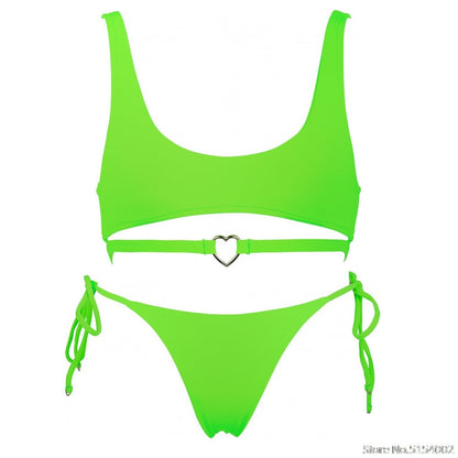 2 Piece Heart Ring Neon Pink Push Up High Waist G String Swimsuit Strap Bandage Swimwear Bathing Suit Halter Top Bikini Set The Clothing Company Sydney