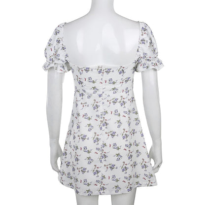 White Floral Bandage Ruched Office Puff  Sleeve High Street A line Summer Casual Mini Dress The Clothing Company Sydney