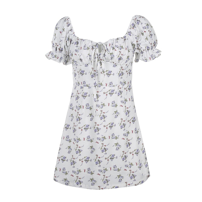 White Floral Bandage Ruched Office Puff  Sleeve High Street A line Summer Casual Mini Dress The Clothing Company Sydney